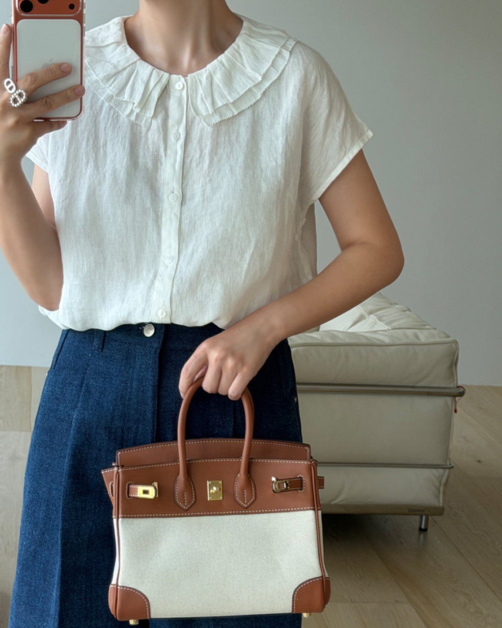 100% Pure Linen Ruffle Collar Blouse