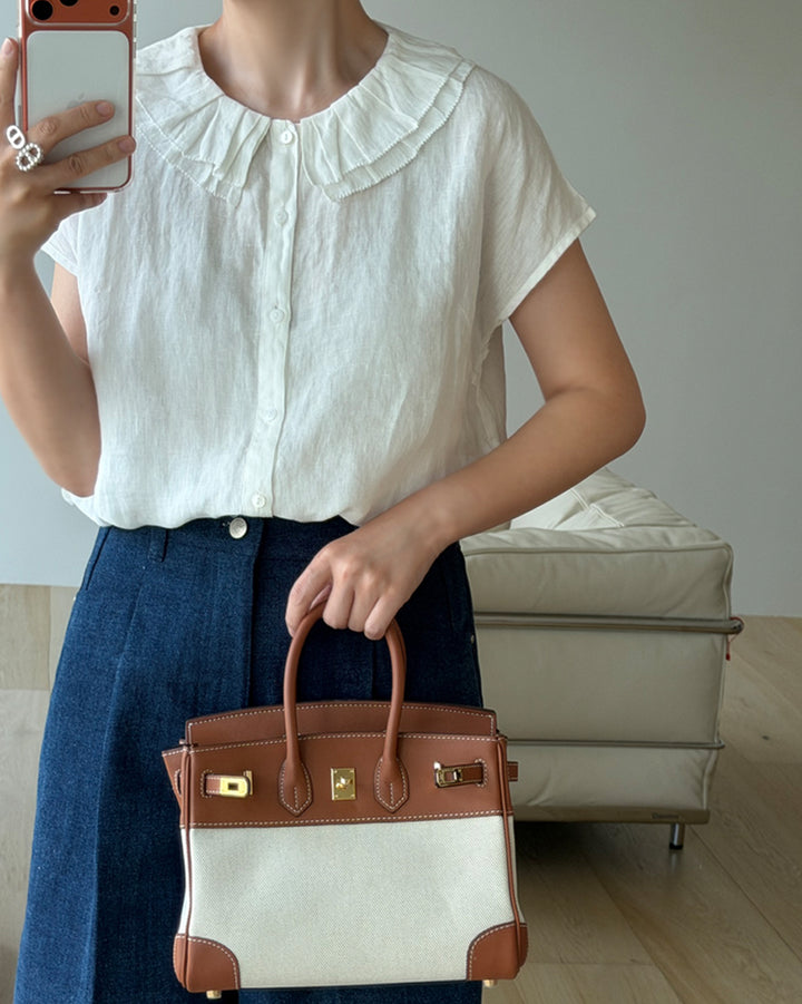 100% Pure Linen Ruffle Collar Blouse