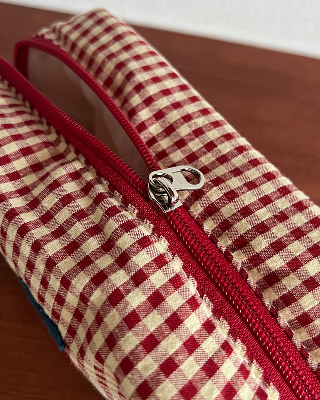 Cherry Embroidery Gingham Pouch