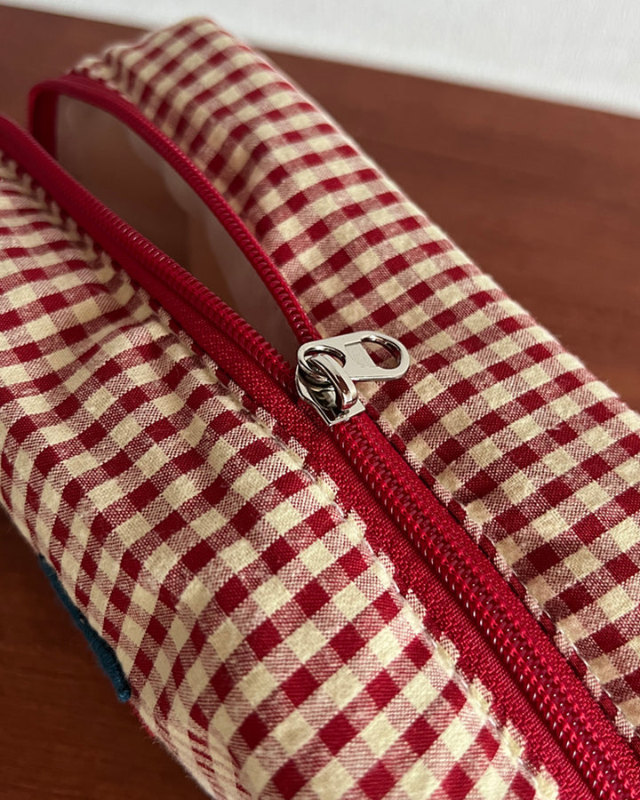 Cherry Embroidery Gingham Pouch