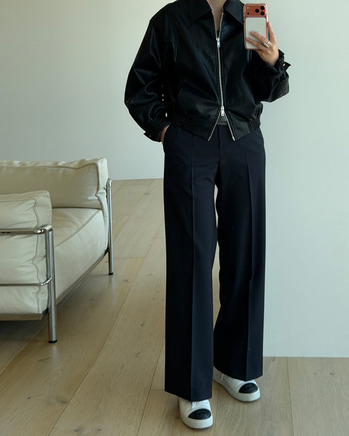Two-Way Zip Leather Blouson Jacket