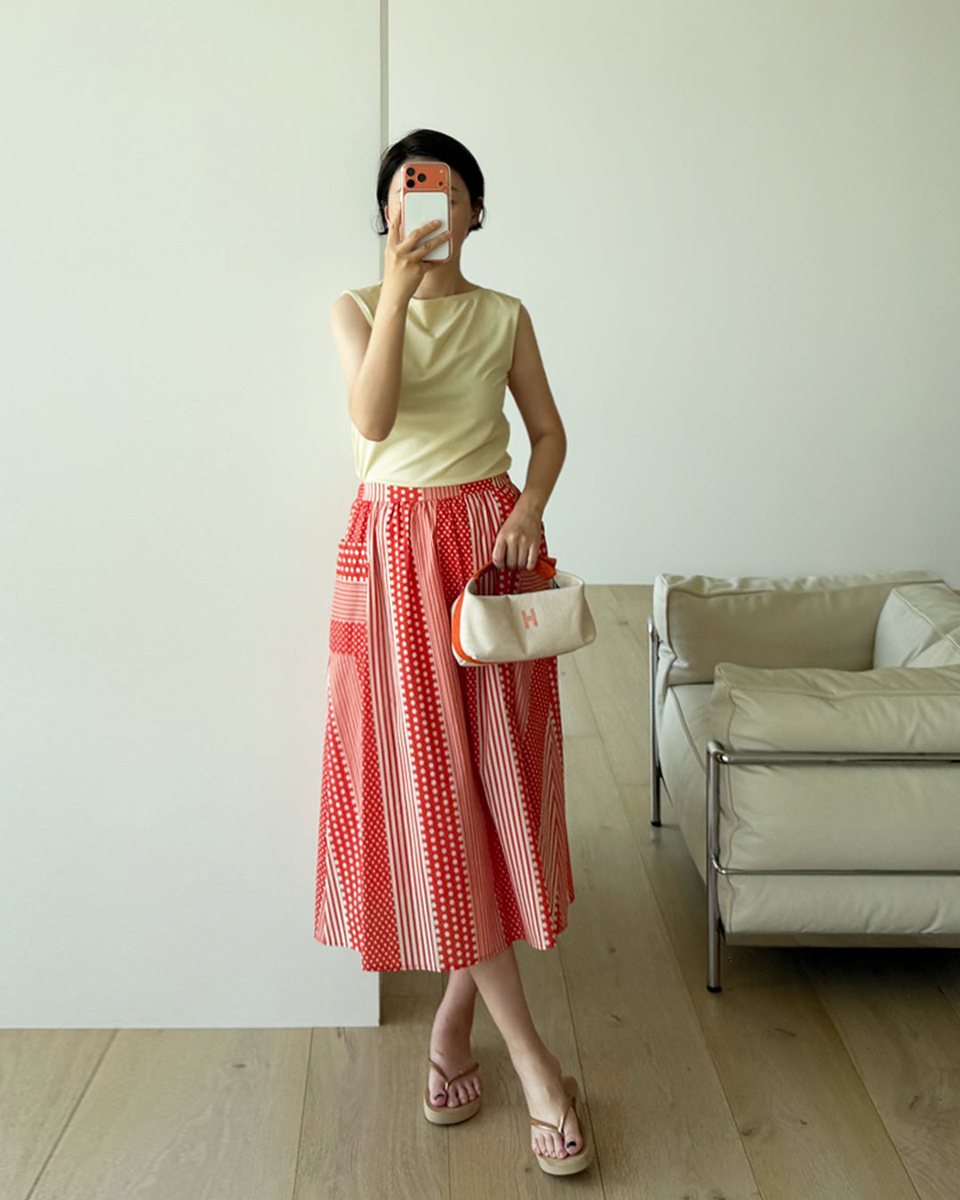 Dot Stripe Patchwork A-Line Midi Skirt