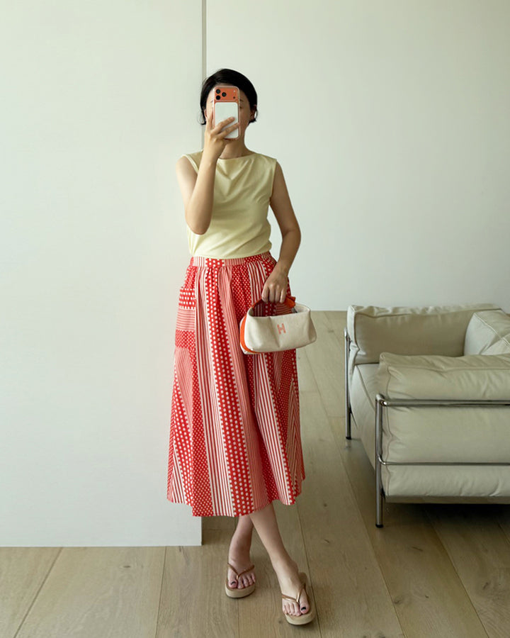 Dot Stripe Patchwork A-Line Midi Skirt
