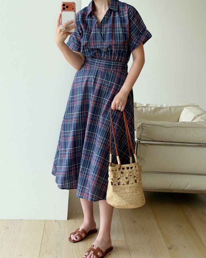 Plaid Short Sleeve Shirt Midi Dress