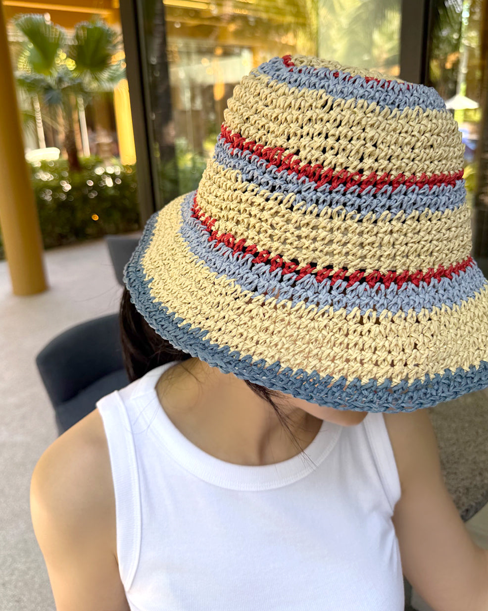 Handcrafted Striped Paper Straw Bucket Hat