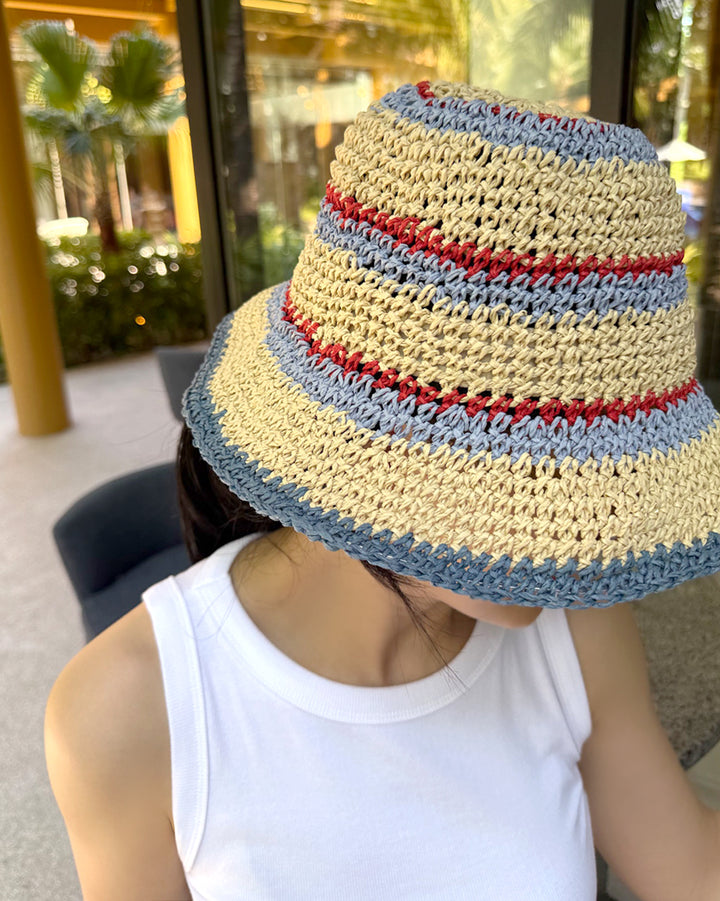 Handcrafted Striped Paper Straw Bucket Hat