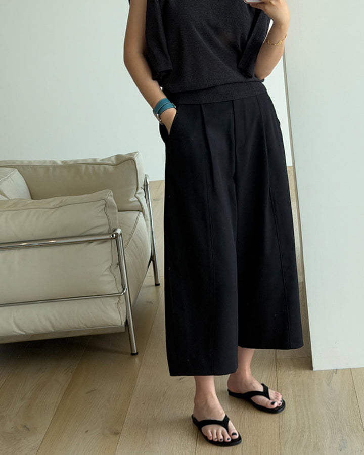 Pintuck Cropped Wide Trousers