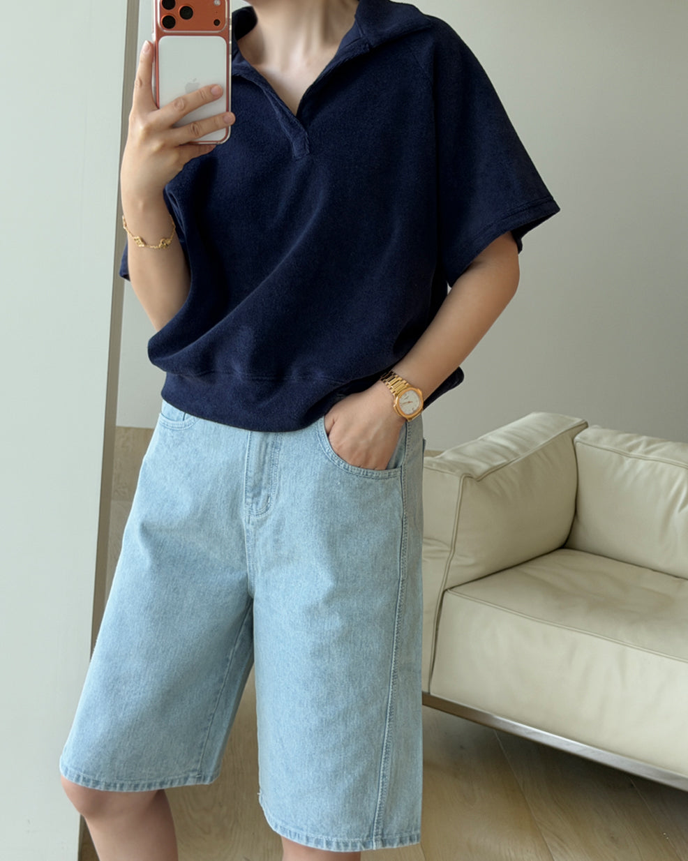 Light Wash Cotton Bermuda Denim Shorts