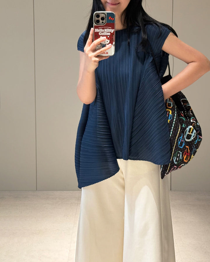 Pleated A-Line Cap Sleeve Blouse