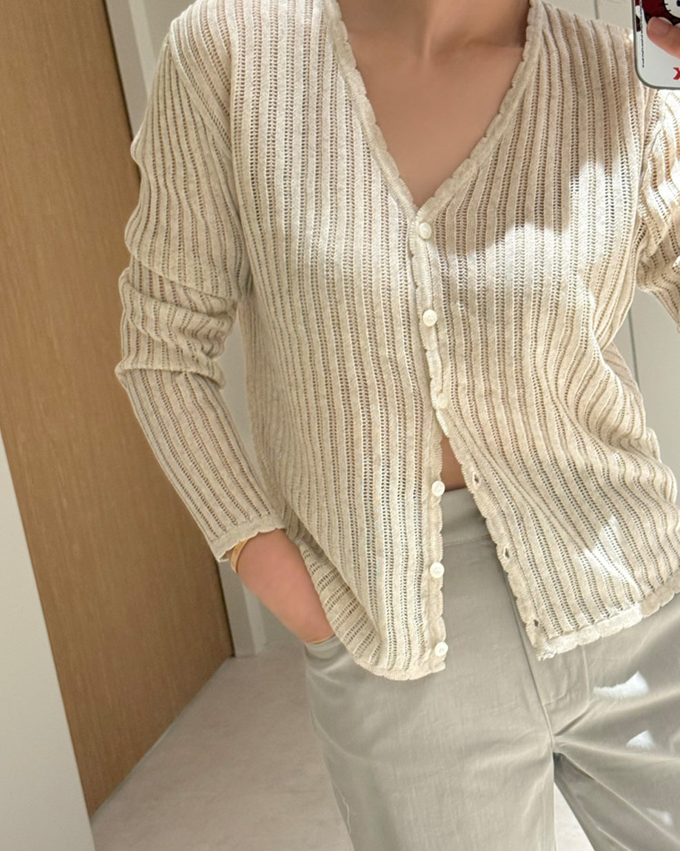 Linen Blend Sheer Ribbed Knit Cardigan