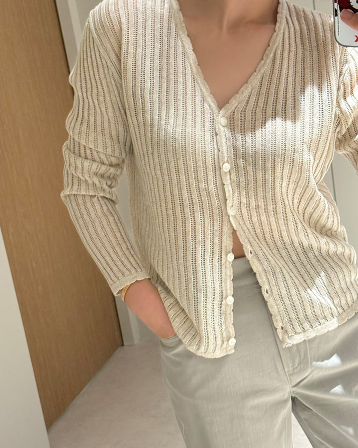 Linen Blend Sheer Ribbed Knit Cardigan