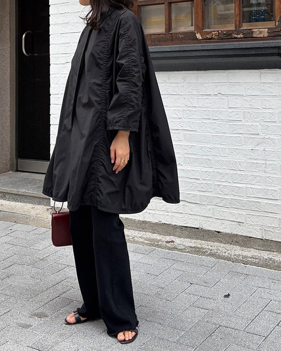 Lightweight Shirred Trench Coat with Stand Collar