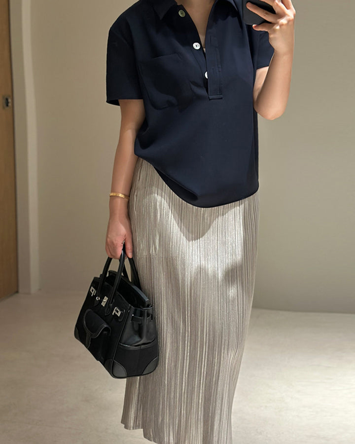 Shimmer Pleated Elastic Maxi Skirt