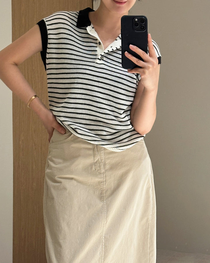 Cap Sleeve Striped Polo Knit Top