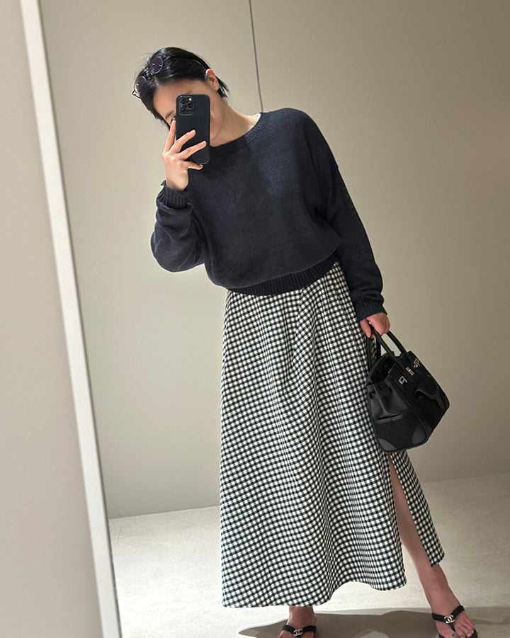 Gingham Check Side-Slit Maxi Skirt