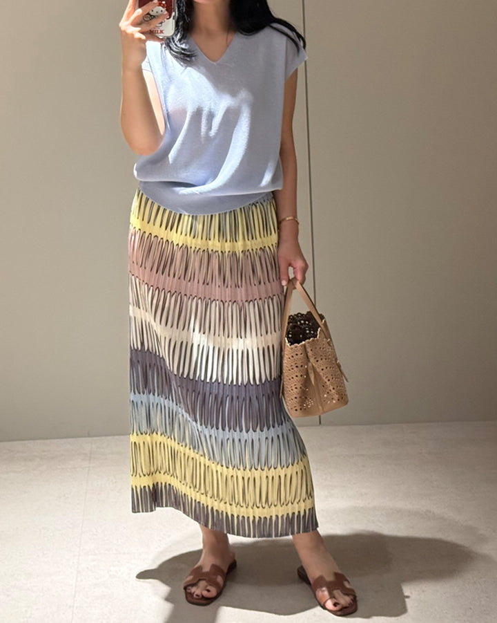 Colorblock Pleated Straight Maxi Skirt