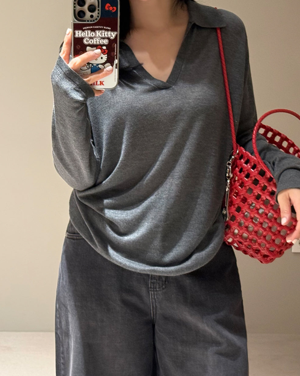 V-Neck Open Collar Knit Top