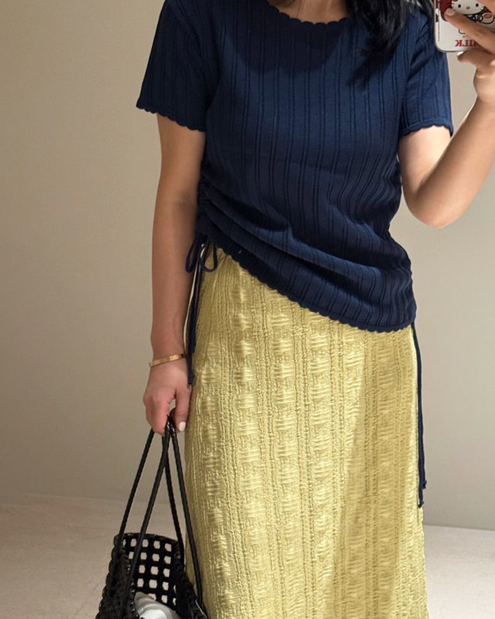 Side Ruched Drawstring Short Sleeve Knit