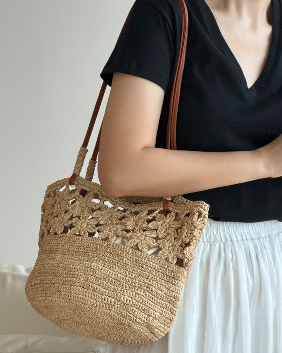 Raffia Crochet Leather Strap Tote