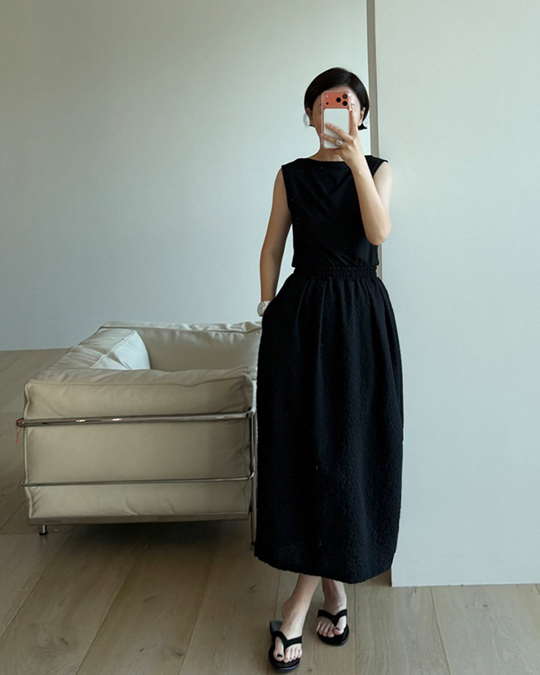 Textured Elastic Waistband Long Skirt