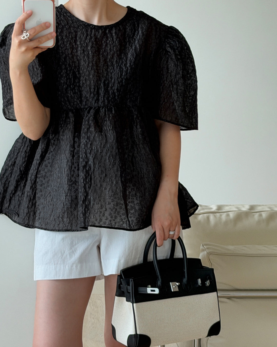 Textured Puff Sleeve Peplum Blouse