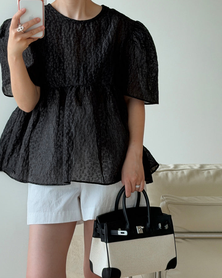 Textured Puff Sleeve Peplum Blouse