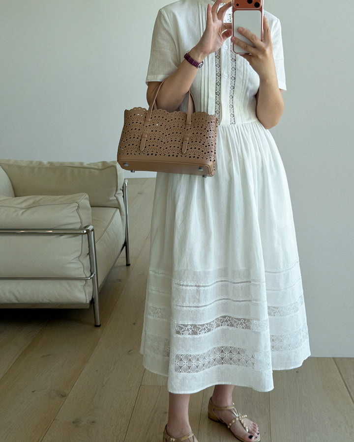 Premium 100% Linen Eyelet Embroidered Dress