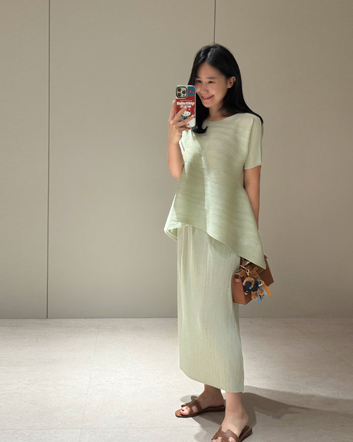 Asymmetric Pleated Top and Maxi Skirt Set