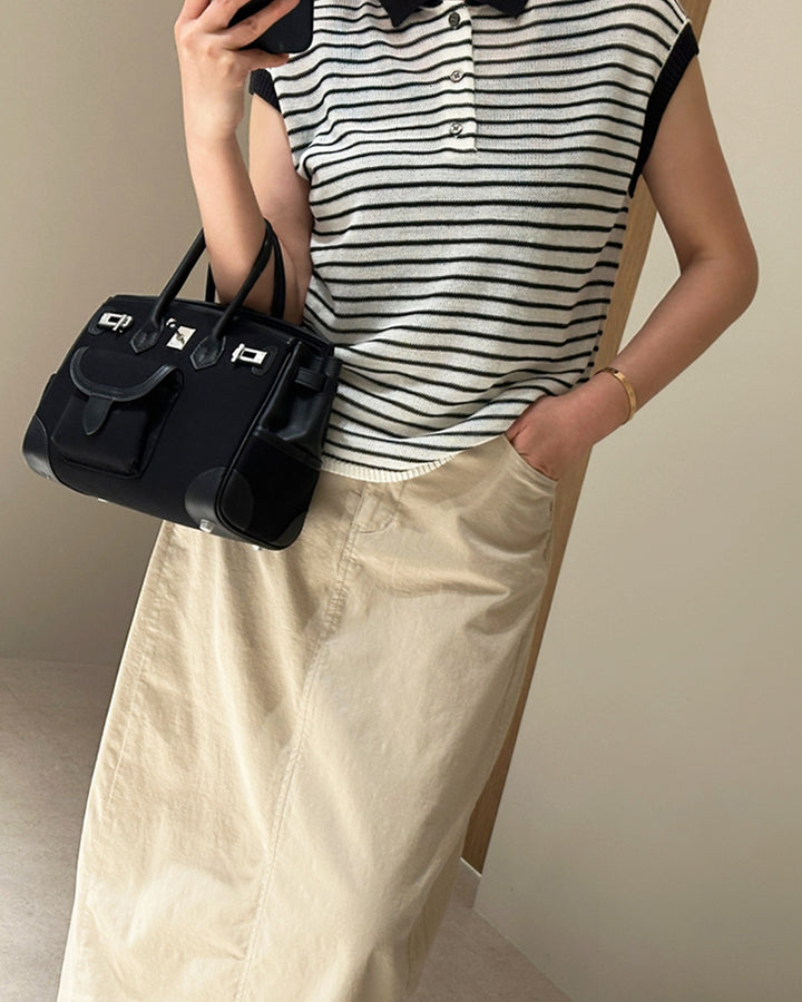 Cap Sleeve Striped Polo Knit Top