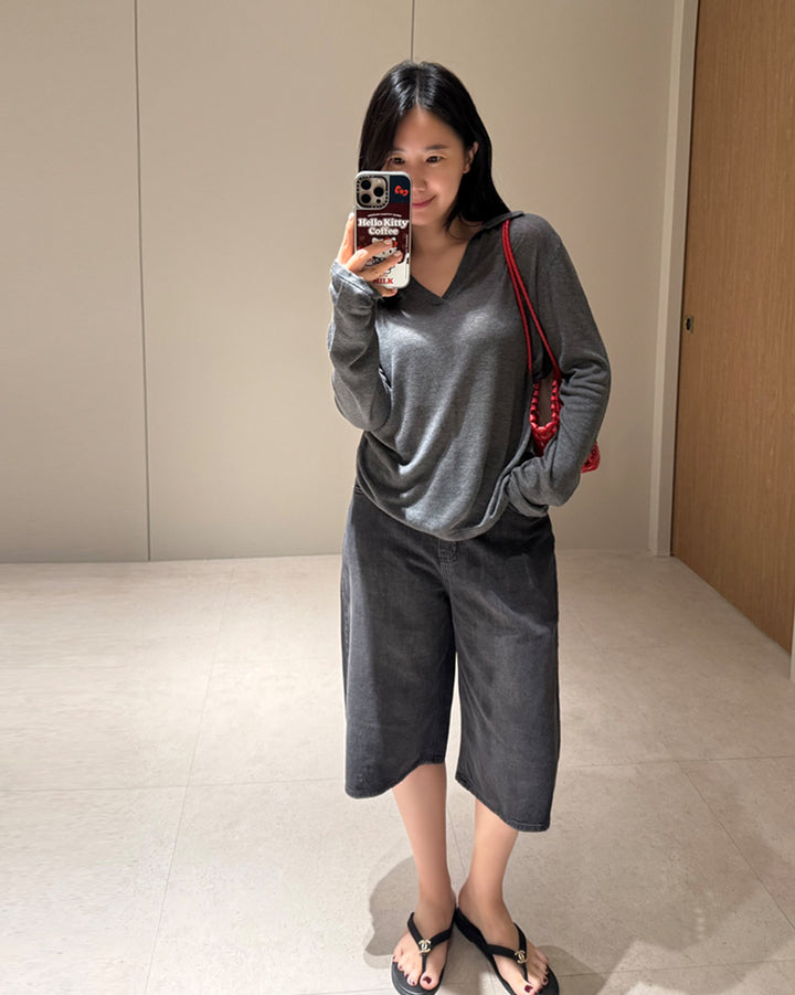 V-Neck Open Collar Knit Top