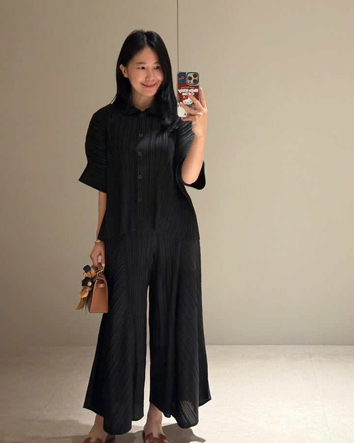 Textured Pleated Button-Down Blouse