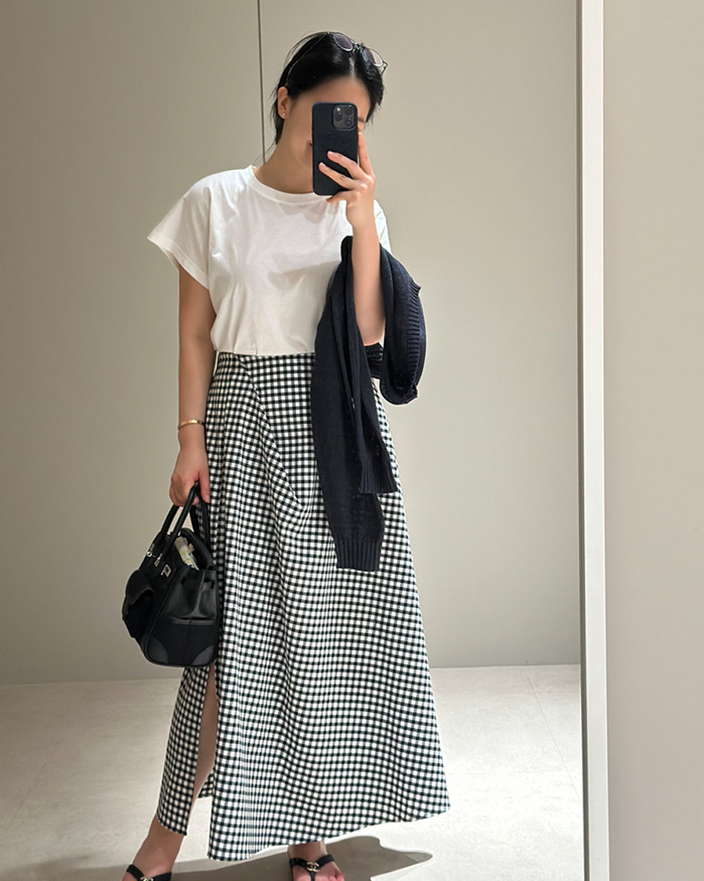 Gingham Check Side-Slit Maxi Skirt