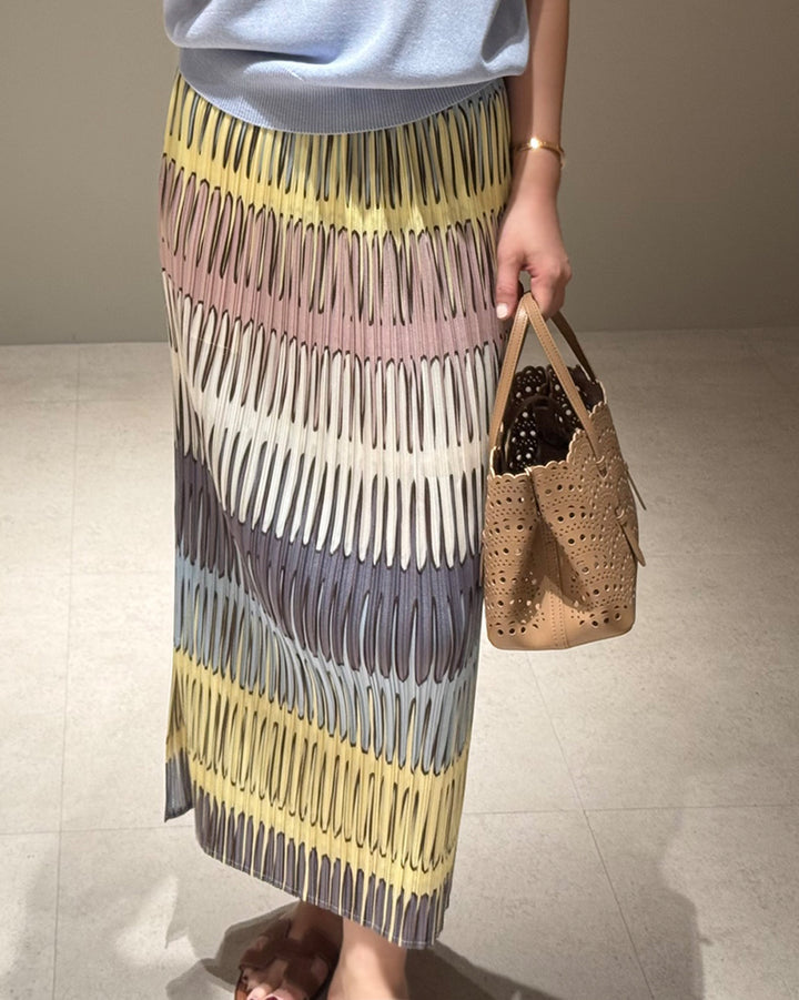 Colorblock Pleated Straight Maxi Skirt