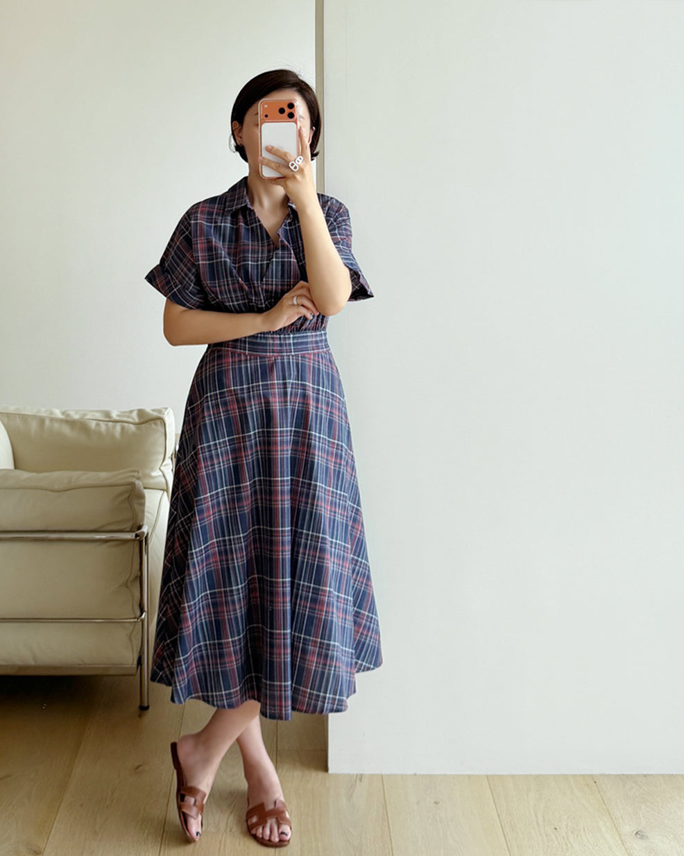 Plaid Short Sleeve Shirt Midi Dress