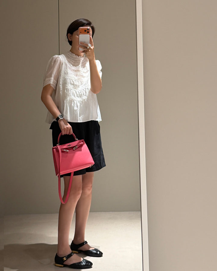 Romantic Mock Neck Lace Insert Blouse