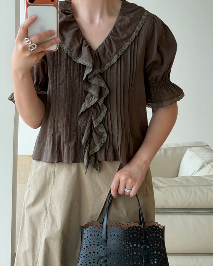 Lace Trim Ruffle Pintuck Blouse