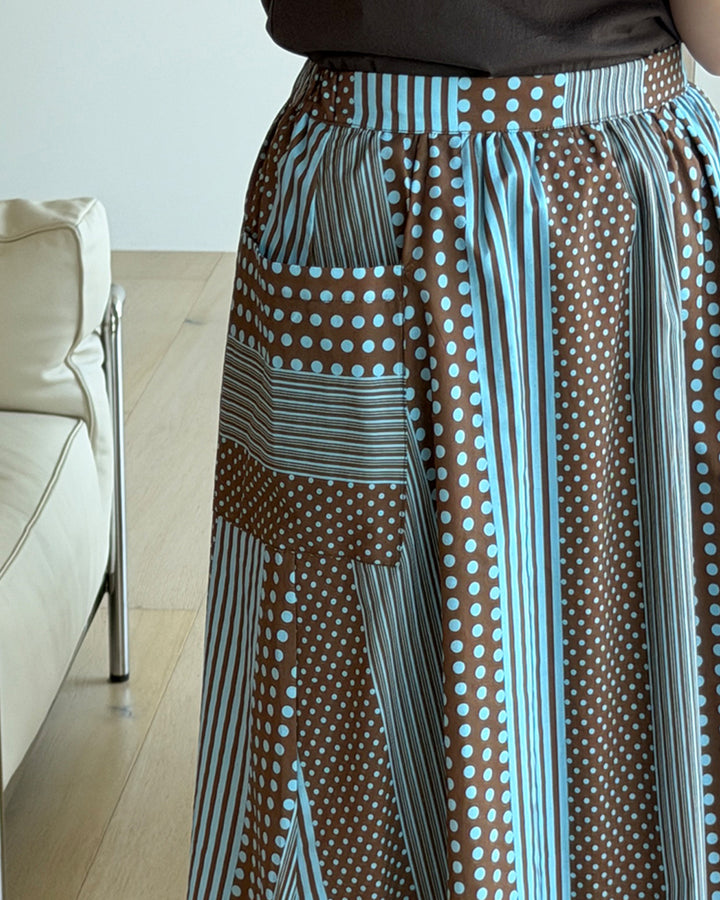 Dot Stripe Patchwork A-Line Midi Skirt