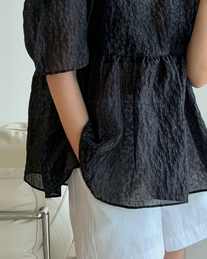 Textured Puff Sleeve Peplum Blouse