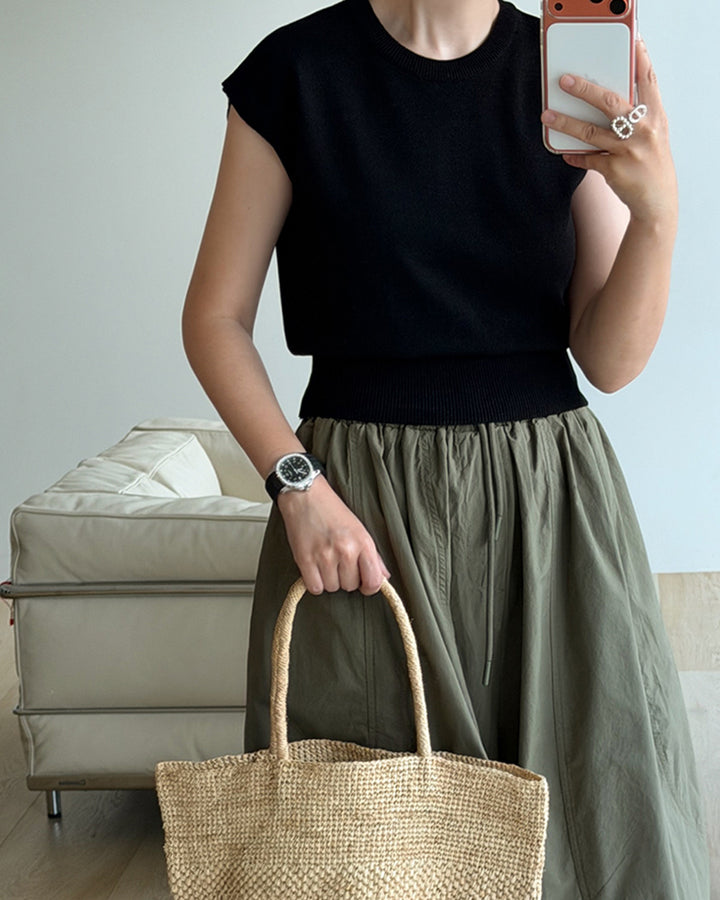 Slim Fit Ribbed Waist Cap Sleeve Knit Shirt