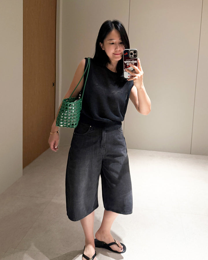 Loose Fit Washed Black Denim Shorts