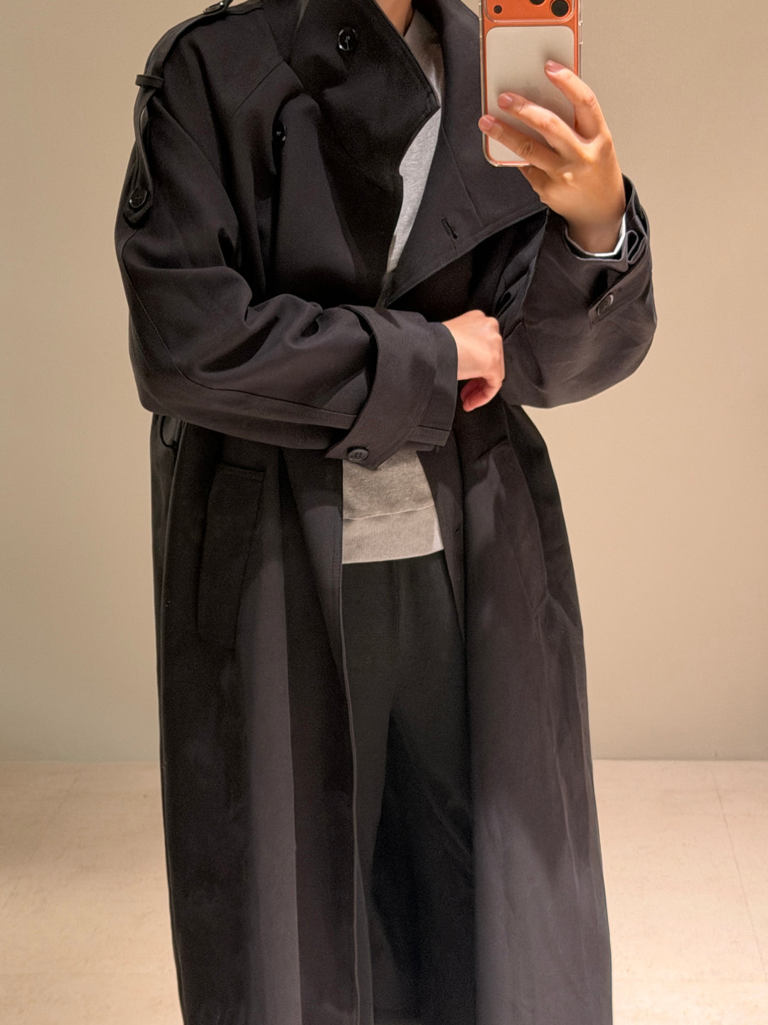 High-Neck Double-Breasted Long Trench Coat