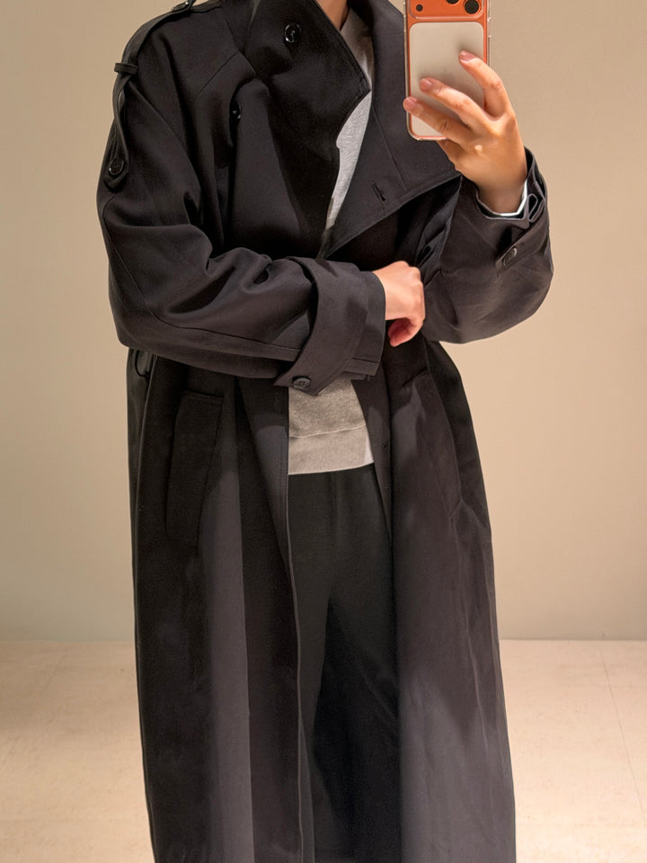 High-Neck Double-Breasted Long Trench Coat