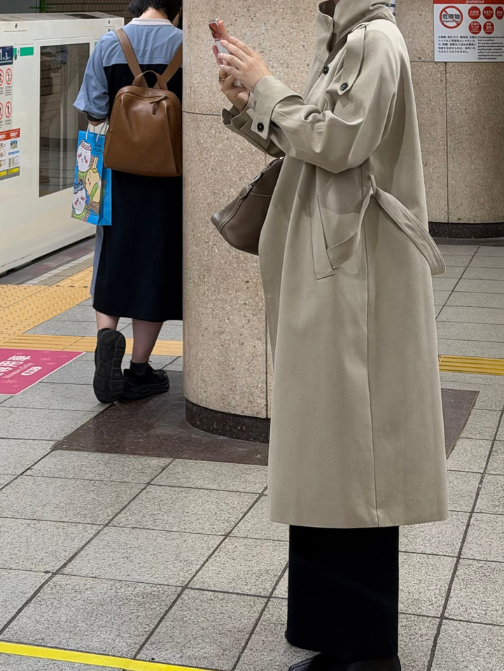 High-Neck Double-Breasted Long Trench Coat