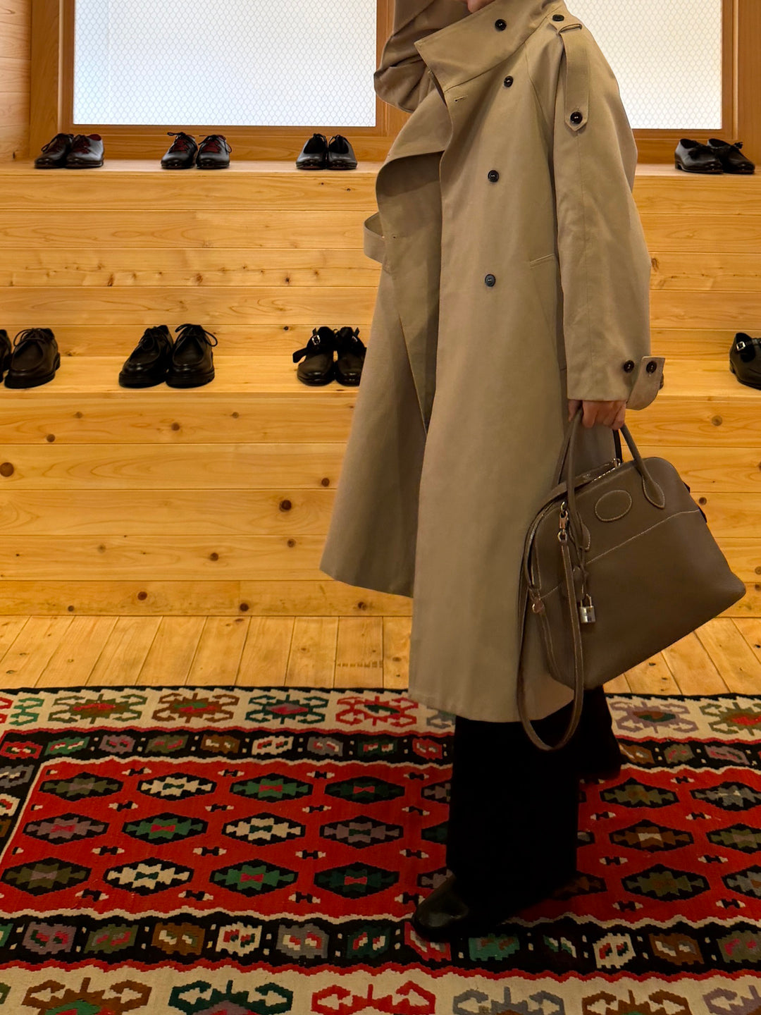 High-Neck Double-Breasted Long Trench Coat
