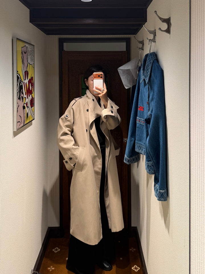 High-Neck Double-Breasted Long Trench Coat
