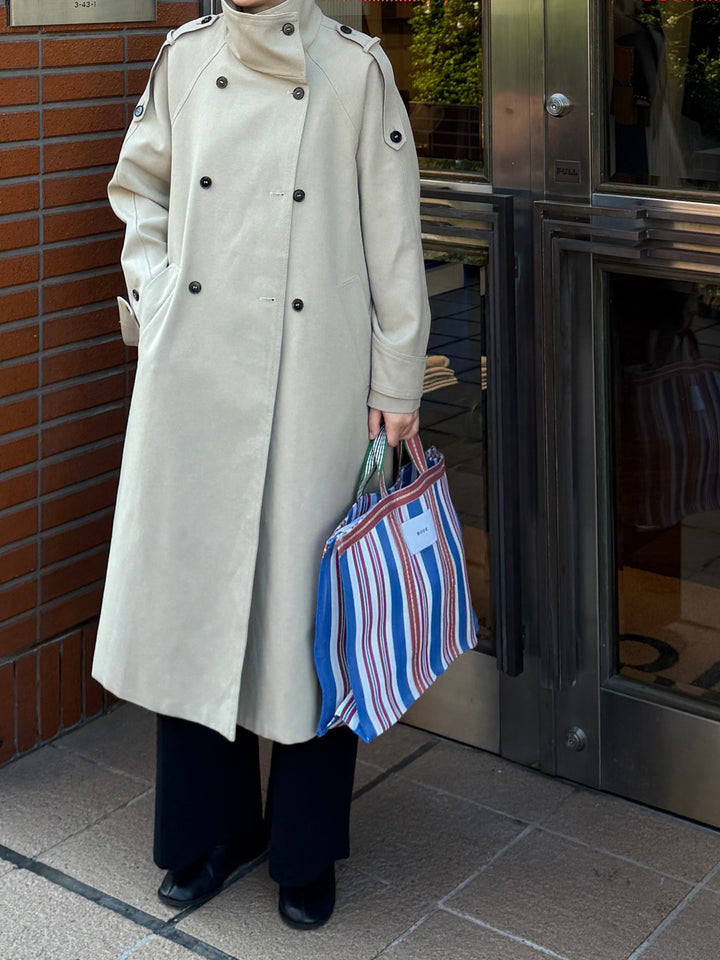 High-Neck Double-Breasted Long Trench Coat