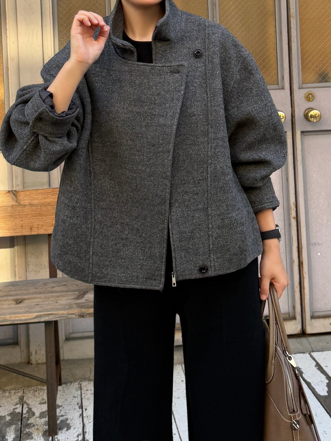 100%メリノウール アシンメトリー ハイネックジャケット