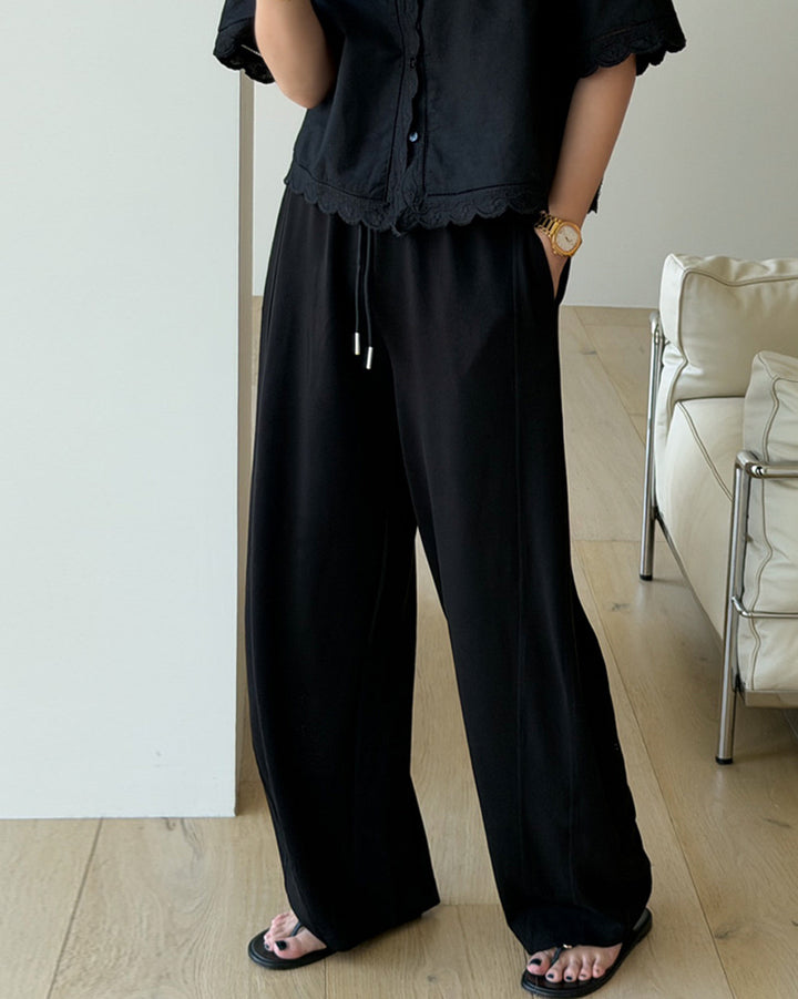 Fluid Wide-Leg Banding Trousers