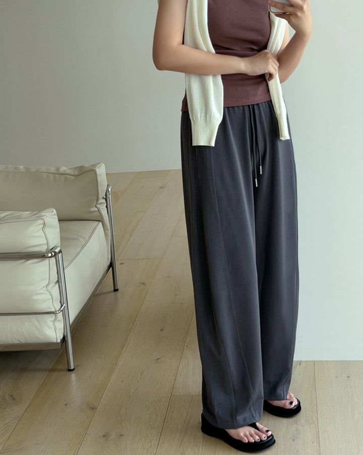 Fluid Wide-Leg Banding Trousers