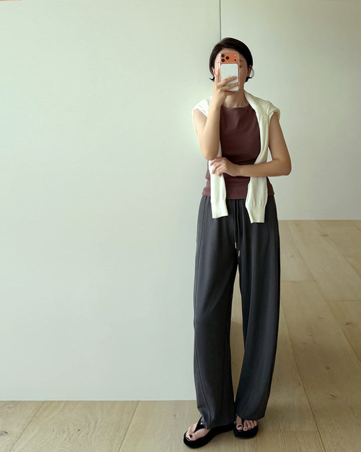 Fluid Wide-Leg Banding Trousers